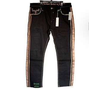 Rock Revival Jeans Sycamore Taper Black Gold Stripe Embroidered Men’s Size 42